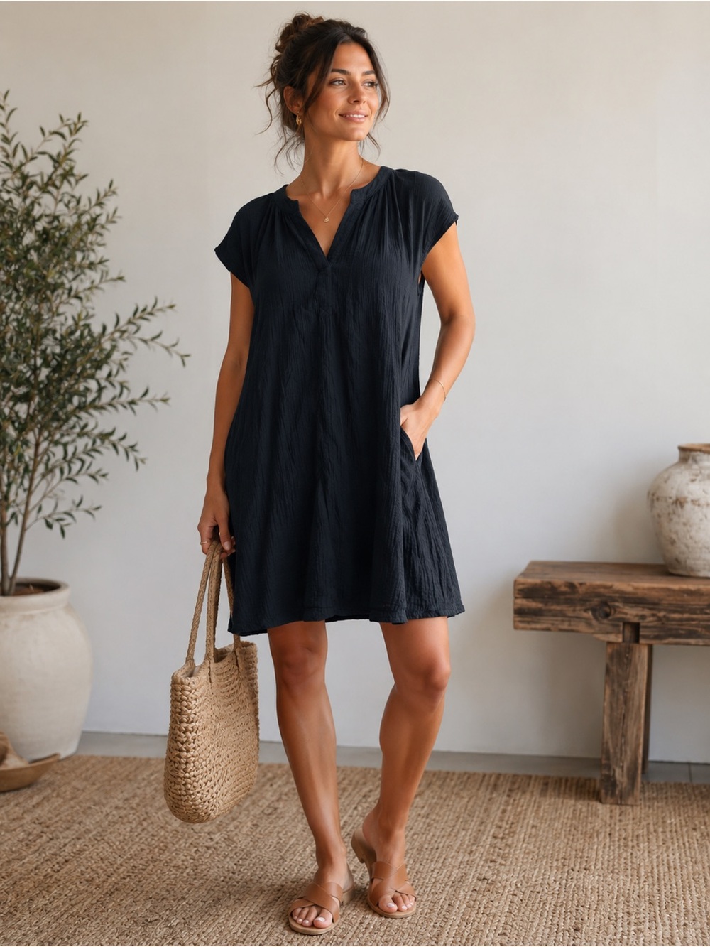 Universal Thread Black Crinkle Gauze Tunic Dress XL | Boho Flowy Dress